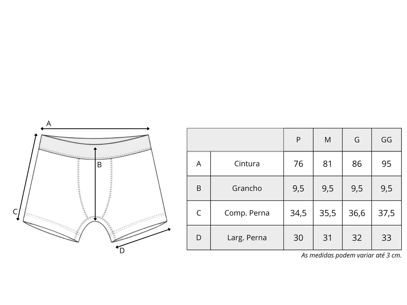 Tabela de medidas de Pack Preux Boxers (2un.)